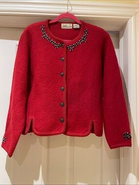 Laura Archive 100% Wool Red Embroidered Cardigan Jacket M